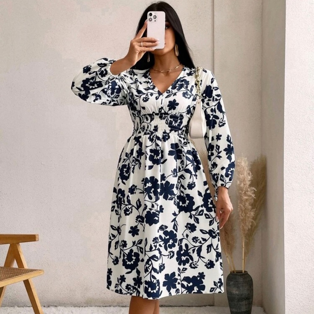 Shein Floral Print Lantern Sleeve Shirred Waist Dress